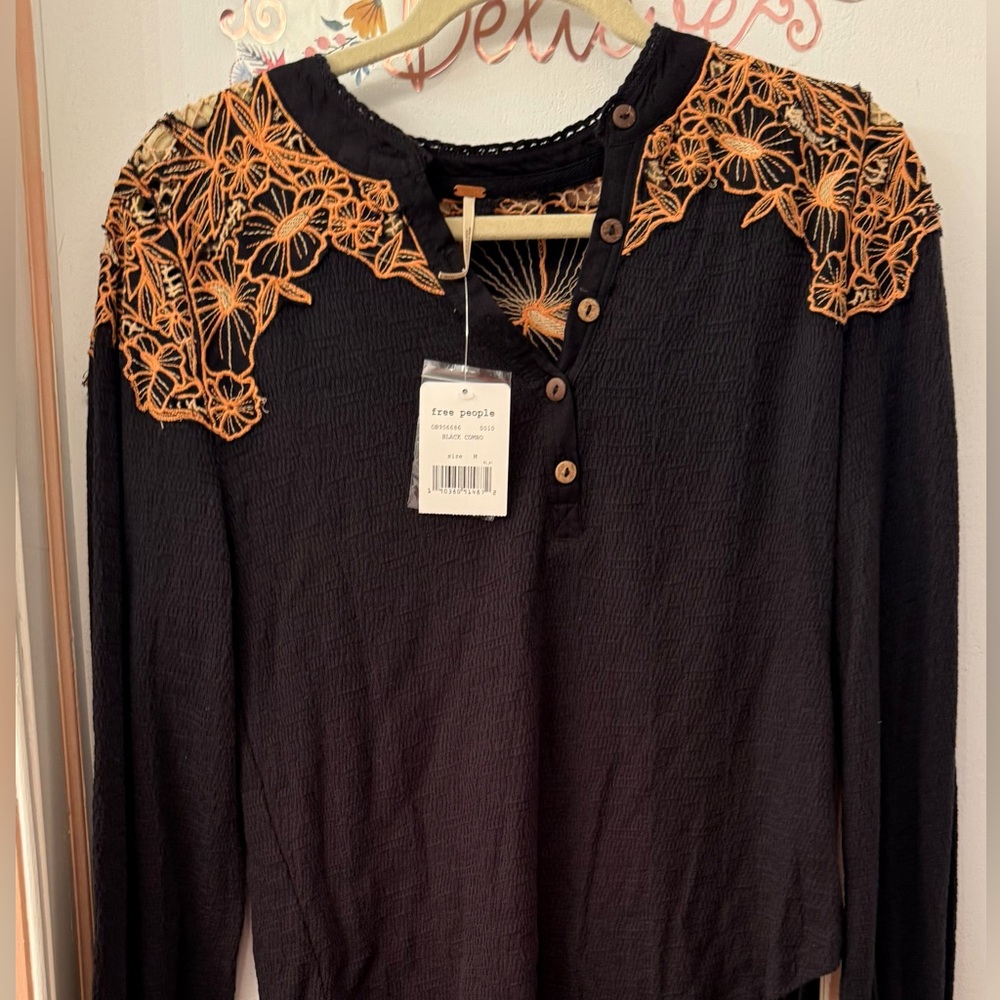 Free People Black and Tan Embroidered Top - Picture 3 of 3